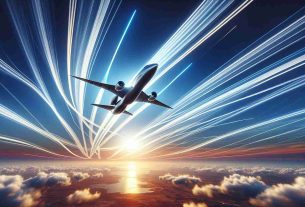 A detailed high-definition image showcasing an innovative and sleek modern aircraft (not associated with any specific aviation company) as it takes flight. The contrails streak like ribbons across the sky behind it, symbolizing a new era in aviation technology and design. The sky is a radiant blue, with wispy clouds scattered here and there, while the sun sets on the horizon painting hues of vibrant oranges and purples. The aircraft itself is depicted as a symbol of human ingenuity and future innovation in the field of aerospace.