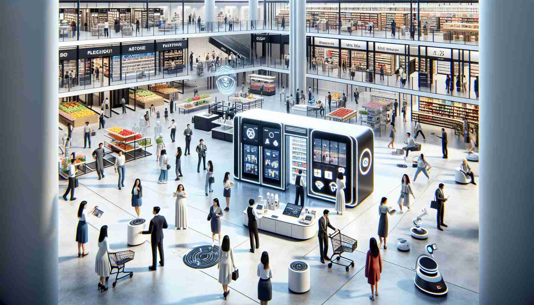 A high-definition, realistic image depicting a bustling scene within a large, technologically advanced retail store. The image highlights cutting-edge innovations uncommon in traditional stores. There are self-checkout machines, digital price tags, automated shopping carts, and virtual fitting rooms. There might be a diverse collection of staff including a South Asian male restocking a smart-fridge, a Hispanic female demonstrating a virtual reality shopping system to customers, and a Middle-Eastern male employee assisting a customer with a robotic pick-up system. Shoppers with varying descents and genders show astonishment and curiosity as they interact with these advanced features.