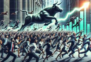 Generate a high definition, realistic image conveying the concept of market shifts, symbolizing a new era for bullish investors in the stock market. This could be represented as a crowd of diverse people, including Caucasian men and women, Middle Eastern women, South Asian men, and Black men and women, energetically rushing towards a rising graph representing a bullish stock market. The overall atmosphere should be positive, with the crowd excited and hopeful about their future investments. Also incorporate elements of traditional stock market imagery like ticker symbols and the iconic Wall Street bull statue.