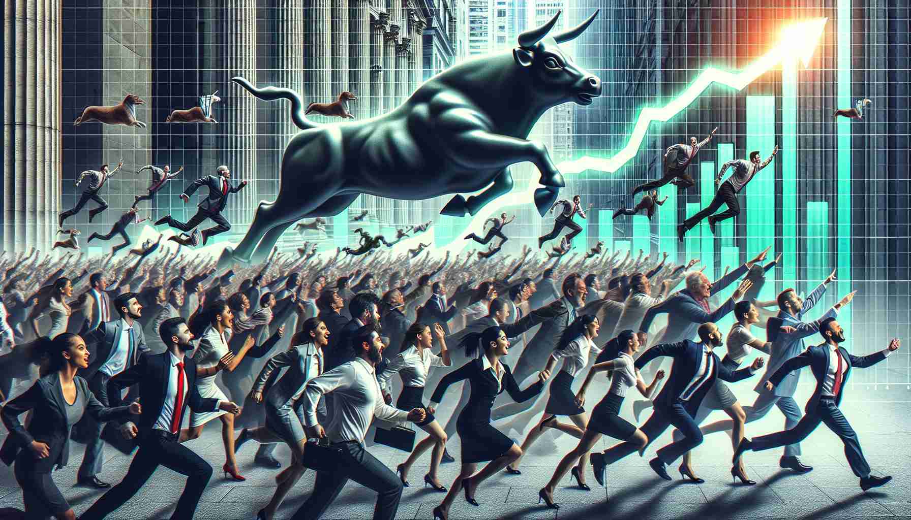 Generate a high definition, realistic image conveying the concept of market shifts, symbolizing a new era for bullish investors in the stock market. This could be represented as a crowd of diverse people, including Caucasian men and women, Middle Eastern women, South Asian men, and Black men and women, energetically rushing towards a rising graph representing a bullish stock market. The overall atmosphere should be positive, with the crowd excited and hopeful about their future investments. Also incorporate elements of traditional stock market imagery like ticker symbols and the iconic Wall Street bull statue.