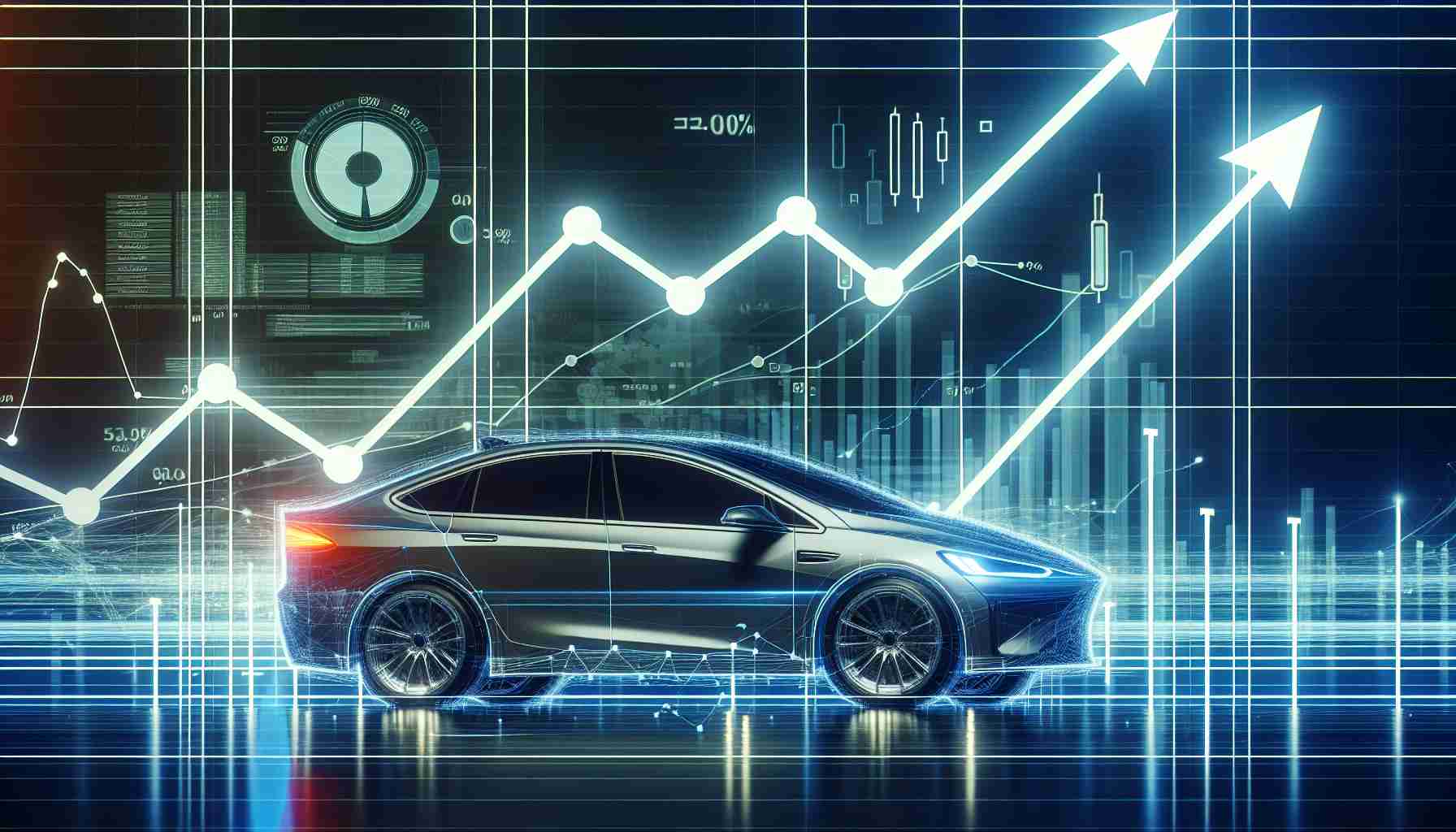 A high definition, realistic graphical data visualization showing the significant continued growth of a large anonymous automobile manufacturing company, with lines on a chart demonstrating upward trends, and a background hinting at the manufacturing and automotive industry.