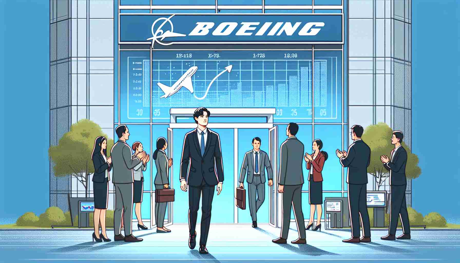 A person is walking into a modern office building labeled with 'Boeing'. They are wearing a formal suit and have a determined expression on their face. Display boards are visible on the walls of the building showing graphs that indicate financial challenges. The person is being greeted by a diverse group of employees. Underneath the scene is a text that says 'Boeing Appoints a New CEO Amid Financial Challenges'.