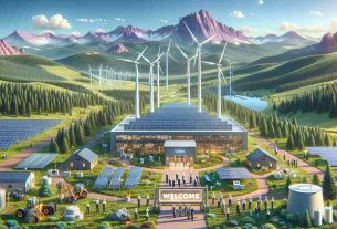 Generate a realistic, high-definition image illustrating the concept of innovative sustainable energy project being welcomed in Colorado. This scene features modern, eco-friendly technologies such as wind turbines and solar panels nestled within the picturesque landscape of Colorado encompassing purple Rocky Mountains, dense green forests, and a wide-open blue sky. The centerpiece of this scene is a sign displaying 'Welcome' along with symbolic graphics indicating the fusion of environmental sustainability and technological innovation. Add details such as a few people, with diverse gender and descent like Caucasian males, Hispanic females etc., wearing safety gear, inspecting and initiating the project, thus indicating the active participation of the community.