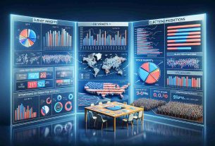 Generate an HD illustration displaying a survey insights board filled with various data visualizations, bar graphs, pie charts representing stock market trends. On another part of the board, present election prediction statistics, including pie charts and bar graphs, showcasing different voting patterns. The entire scene should be realistic and detailed, capturing every aspect of the research.