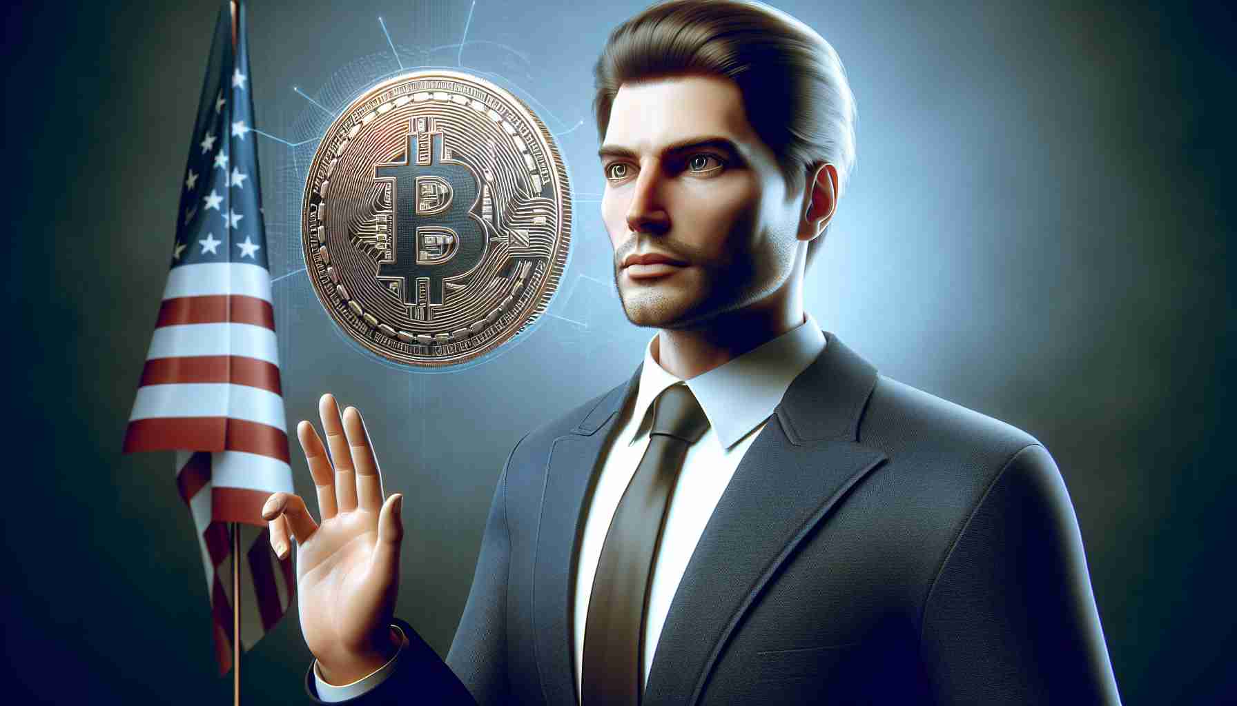 An image of a high-definition realistic representation of a prominent politician dramatically altering his viewpoint on cryptocurrency, causing him to garner backing from influential figures in the sector. Note: The politician has Caucasian descent, a male gender identity, a distinctive hairstyle and is wearing a traditional business suit.