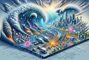 An illustration visualizing the concept of significant technology disruption causing chaos across various sectors. Picture multiple industries such as healthcare, finance, transportation, and education, each represented symbolically. The technology disruption is shown as a powerful wave of digital code or a storm of binary numbers crashing into them, causing visible upheaval. Within the chaos, visualize some signs of positive change - upgraded systems, innovation, and progress amidst the upheaval. Focus on realistic detailing and high definition quality to give a deep understanding of the overall impact.