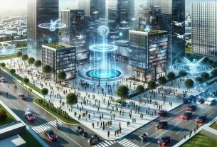 A high-definition, realistic depiction of a symbolic representation for the next generation of tech giants. This could be imagined as a group of corporate buildings with cutting-edge architecture, floating holograms illustrating futuristic technology, and drones moving around. People of diverse races and genders are seen working together, showcasing the multicultural and inclusive nature of these futuristic tech companies. The environment is filled with tall trees and autonomous vehicles, representing a strong emphasis on sustainability and technological innovation.