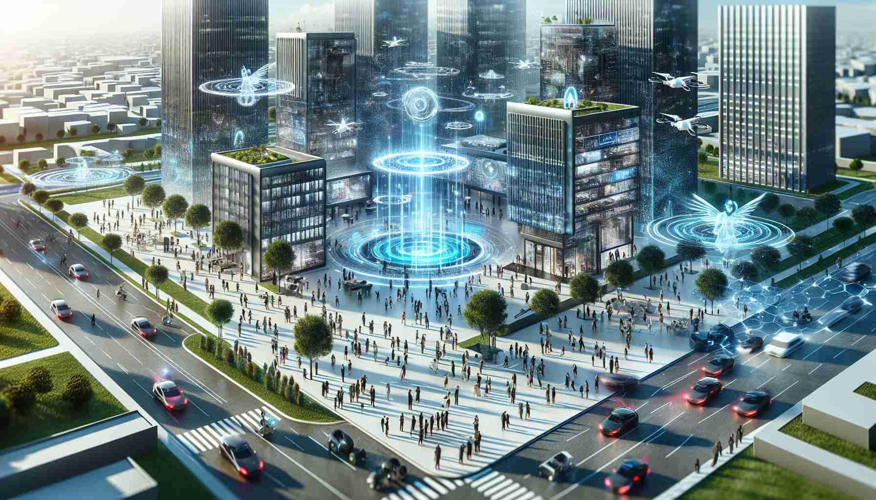 A high-definition, realistic depiction of a symbolic representation for the next generation of tech giants. This could be imagined as a group of corporate buildings with cutting-edge architecture, floating holograms illustrating futuristic technology, and drones moving around. People of diverse races and genders are seen working together, showcasing the multicultural and inclusive nature of these futuristic tech companies. The environment is filled with tall trees and autonomous vehicles, representing a strong emphasis on sustainability and technological innovation.