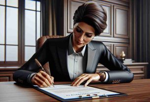 Realistic HD photo of a coffee company's new CEO signing a document which signifies an agreement for a $113m pay package. The CEO is a middle-aged South Asian woman with short hair. She's wearing an elegant business suit and glasses, holding a luxurious pen in her hand. The document is laying on a posh, wooden office table.