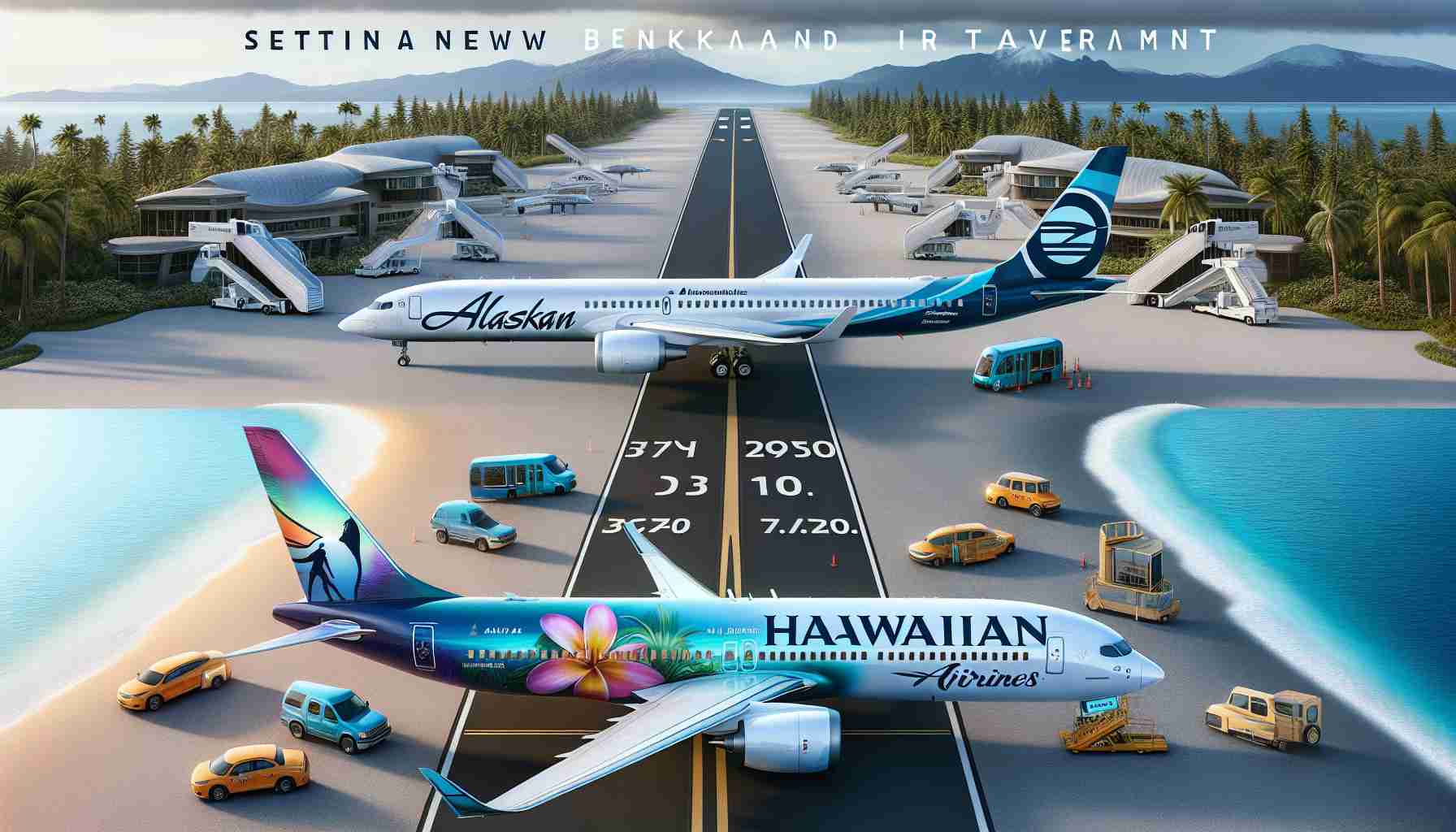 A high-resolution, realistic image showcasing Alaskan and Hawaiian airlines' innovative advancement that is setting a new benchmark in air travel. Picture two commercial aircraft, one representing each airline, stationed on the runway. On the Alaskan Airlines plane, emphasis on features like sleek design, modern technology, and comfort. Simultaneously, the Hawaiian Airlines plane highlights its unique features such as vibrant livery, advanced in-flight services, and passenger-centric design. The image should capture the essence of these airlines' commitment to exceptional service, comfort and innovation.