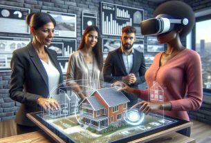 A detailed, high-definition image showcasing the concept of embracing innovation in real estate sales. It includes a real estate agent - a middle-aged Black woman, using a virtual reality headset to showcase a property to potential buyers, a young Hispanic couple. They are interacting with a touchscreen table, displaying a 3D model of a house, while at a real estate office filled with other innovative gadgets. In the background, there might be wall displays showing dynamic property listings, and diagrams illustrating market trends.