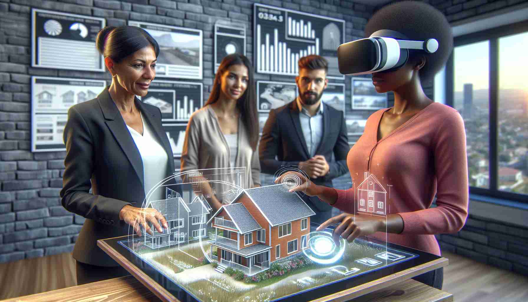 A detailed, high-definition image showcasing the concept of embracing innovation in real estate sales. It includes a real estate agent - a middle-aged Black woman, using a virtual reality headset to showcase a property to potential buyers, a young Hispanic couple. They are interacting with a touchscreen table, displaying a 3D model of a house, while at a real estate office filled with other innovative gadgets. In the background, there might be wall displays showing dynamic property listings, and diagrams illustrating market trends.