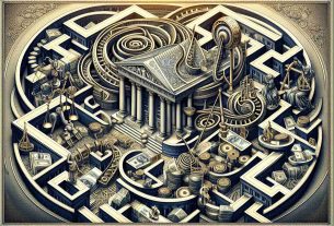 An intricately detailed, high-definition depiction of a complex situation analogous to the resolution phase of a high-profile financial matter. The image should visually interpret twists and turns, using symbolism and metaphorical items such as mazes, puzzles, scales of justice, and currency, all set with a backdrop of a grand bank architecture reminiscent of old European designs. Please avoid specific institutions, logos, or identifiable persons.