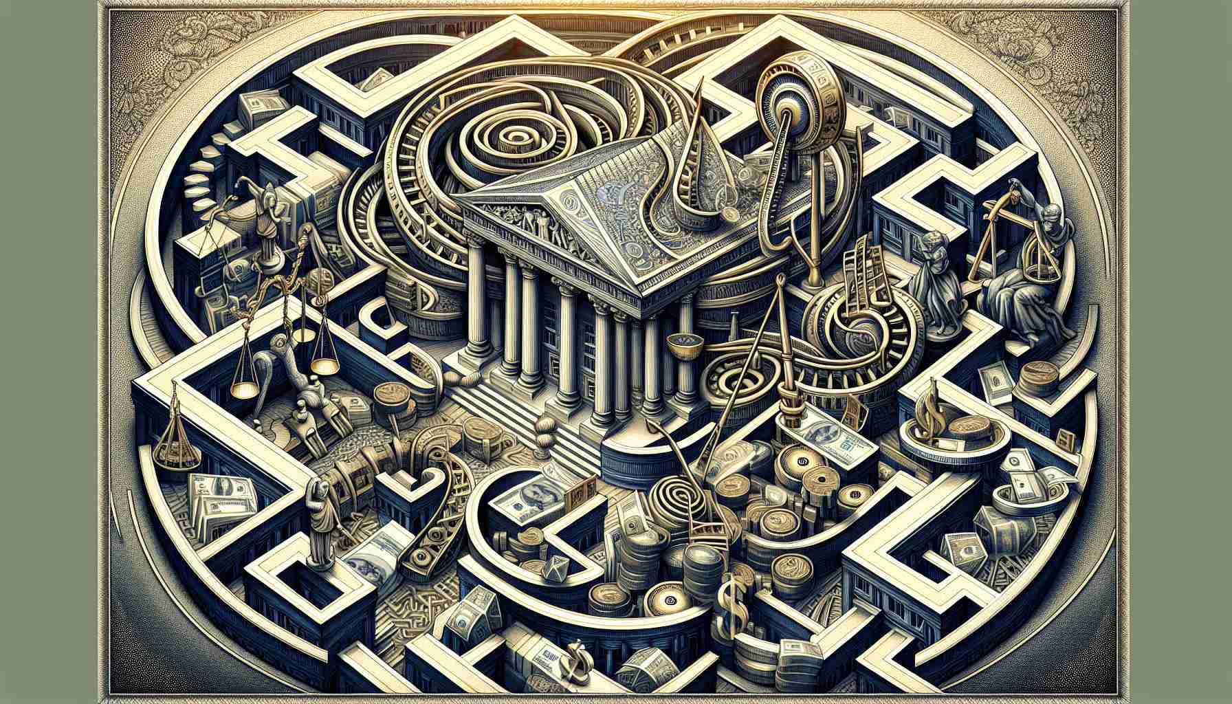 An intricately detailed, high-definition depiction of a complex situation analogous to the resolution phase of a high-profile financial matter. The image should visually interpret twists and turns, using symbolism and metaphorical items such as mazes, puzzles, scales of justice, and currency, all set with a backdrop of a grand bank architecture reminiscent of old European designs. Please avoid specific institutions, logos, or identifiable persons.