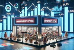 Generate a realistic high-definition image depicting a store sign of a large, popular department store chain, with lower-than-expected sales numbers reflected on charts and graphs. The scene is to represent shifting consumer behaviors.