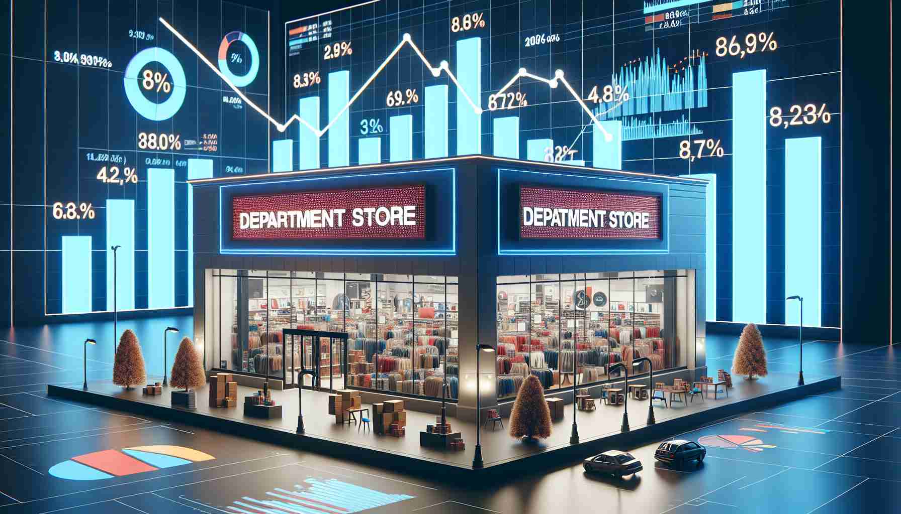 Generate a realistic high-definition image depicting a store sign of a large, popular department store chain, with lower-than-expected sales numbers reflected on charts and graphs. The scene is to represent shifting consumer behaviors.