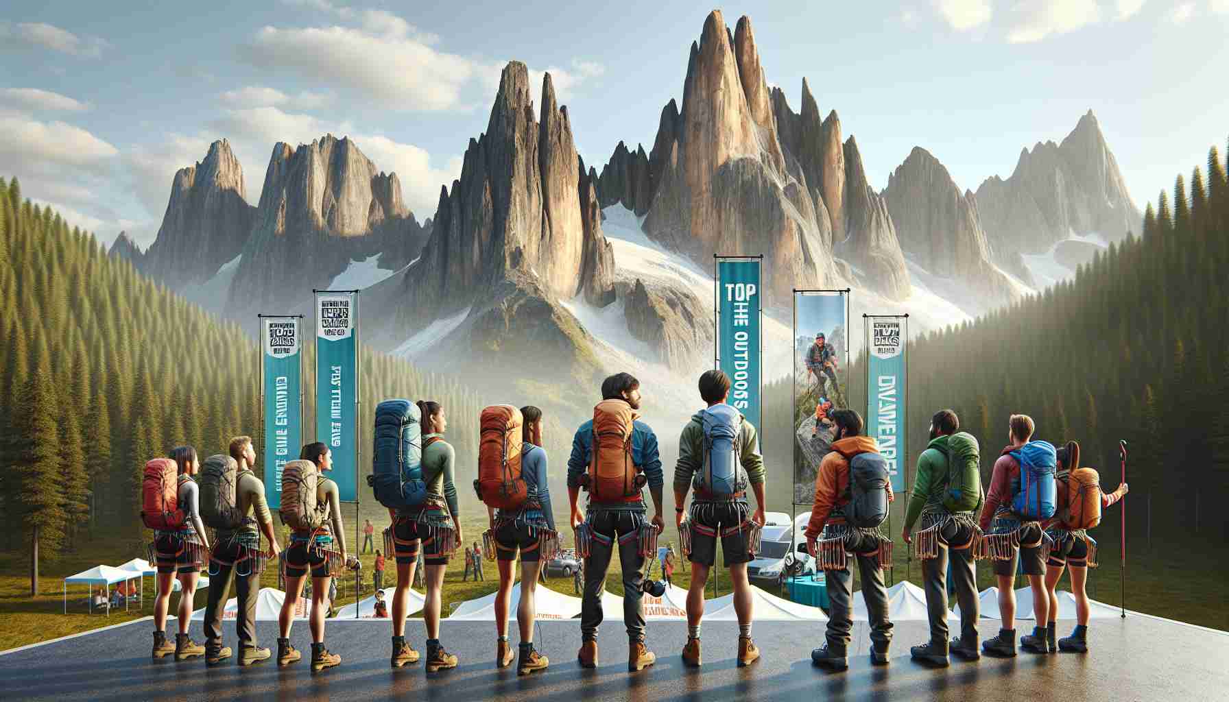 Create a realistic high-definition image that displays 'Exploring the Outdoors: Top Deals for Thrill-Seekers'. The scene should set in a breathtaking outdoor location with towering mountain peaks under a clear sky. In the foreground, there is a group of thrill-seekers with a balanced representation of different descents, including Caucasian, Hispanic, and African. Among them, both male and female adventurers are equally represented. They are equipped with climbing gear and are excited to embark on their adventure. Nearby, there are promotional banners and tents offering 'top deals' for outdoor activities and gear.