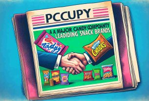 An image that visually represents a major candy company acquiring leading snack brands. Perhaps an illustrated newspaper headline showcasing the news with a symbolic image of a candy bar shaking hands with a bag of snacks. Picture the colors vibrant and the resolution high-definition, rugged yet limpid.