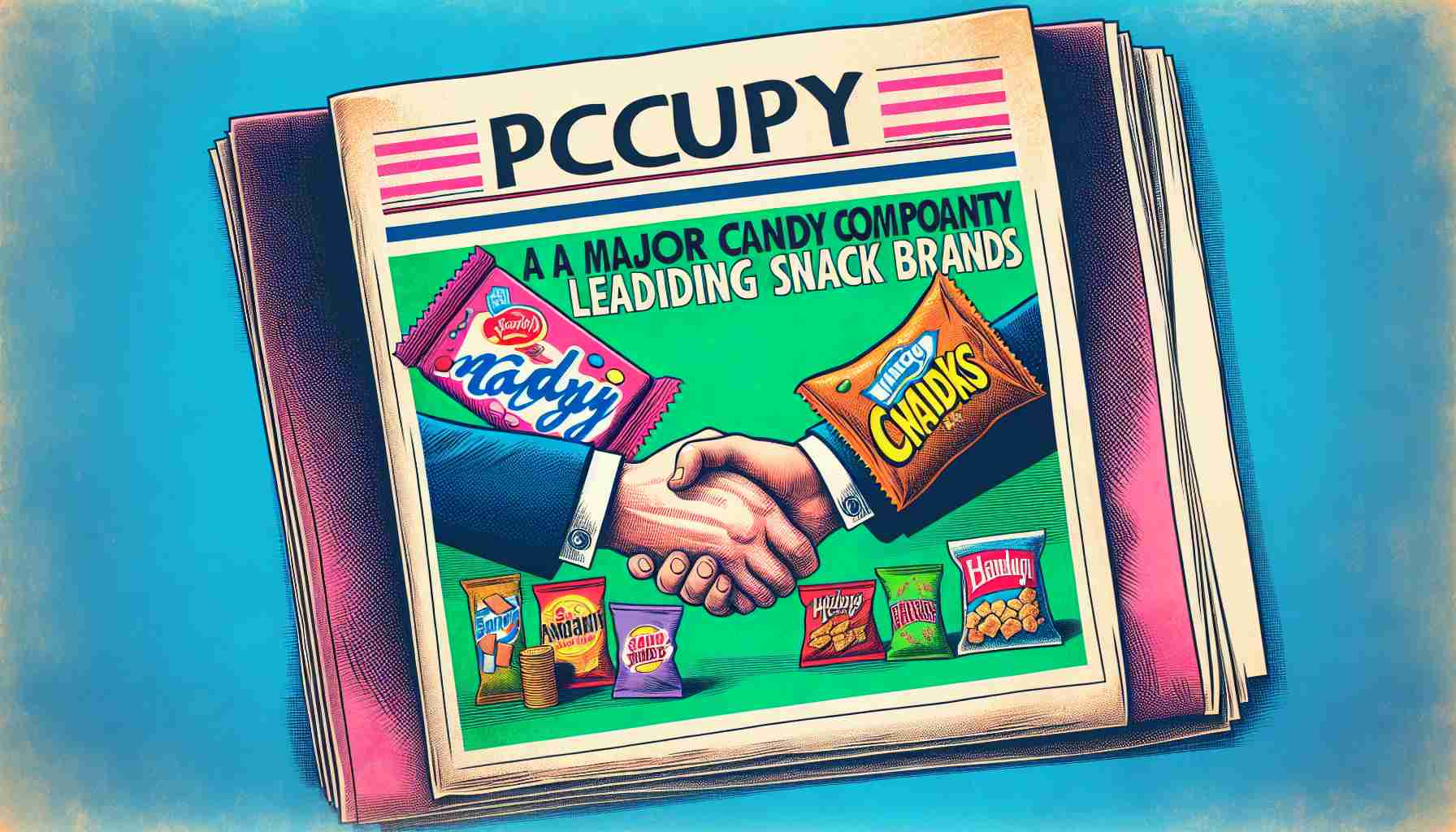 An image that visually represents a major candy company acquiring leading snack brands. Perhaps an illustrated newspaper headline showcasing the news with a symbolic image of a candy bar shaking hands with a bag of snacks. Picture the colors vibrant and the resolution high-definition, rugged yet limpid.