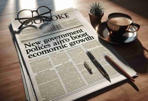 High-resolution realistic depiction of a newspaper headline that reads 'New Government Policies Aim to Boost Economic Growth', with adjacent columns filled with text, placed on a wooden table with a pen, a cup of hot coffee and pair of reading glasses next to it reflecting the morning sunlight. The implicit suggestion is the impact of these new policies on the socio-economic landscape.