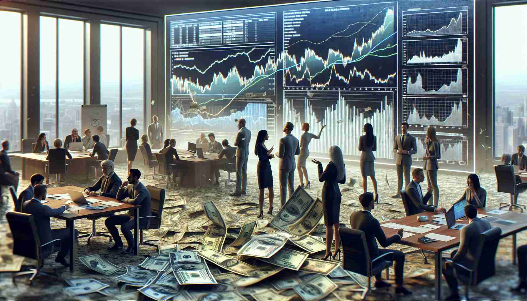 A highly detailed and realistic scene showing a group of diverse individuals discussing and exploring the recent changes in monetary policy. In the foreground, we can see a trail of money fluttering in the wind, symbolizing the changes. On a large screen, various graphs and charts are displayed, highlighting the trends and projections. Some people look worried, some thoughtful, while some seem to be passionately debating. The room is filled with desks, computers, and other elements of a typical economic analysis department.