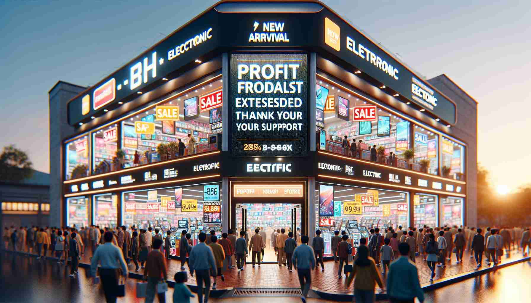 Realistic high-definition photograph featuring the exterior of an electronic retail store, overflowing with customers and vibrantly lit with various sale and 'new arrival' signs. The entrance displays a large banner celebrating the store's recent success, such as 'Profit Forecast Exceeded - Thank You For Your Support'. This image should exude a sense of achievement and positive business growth.