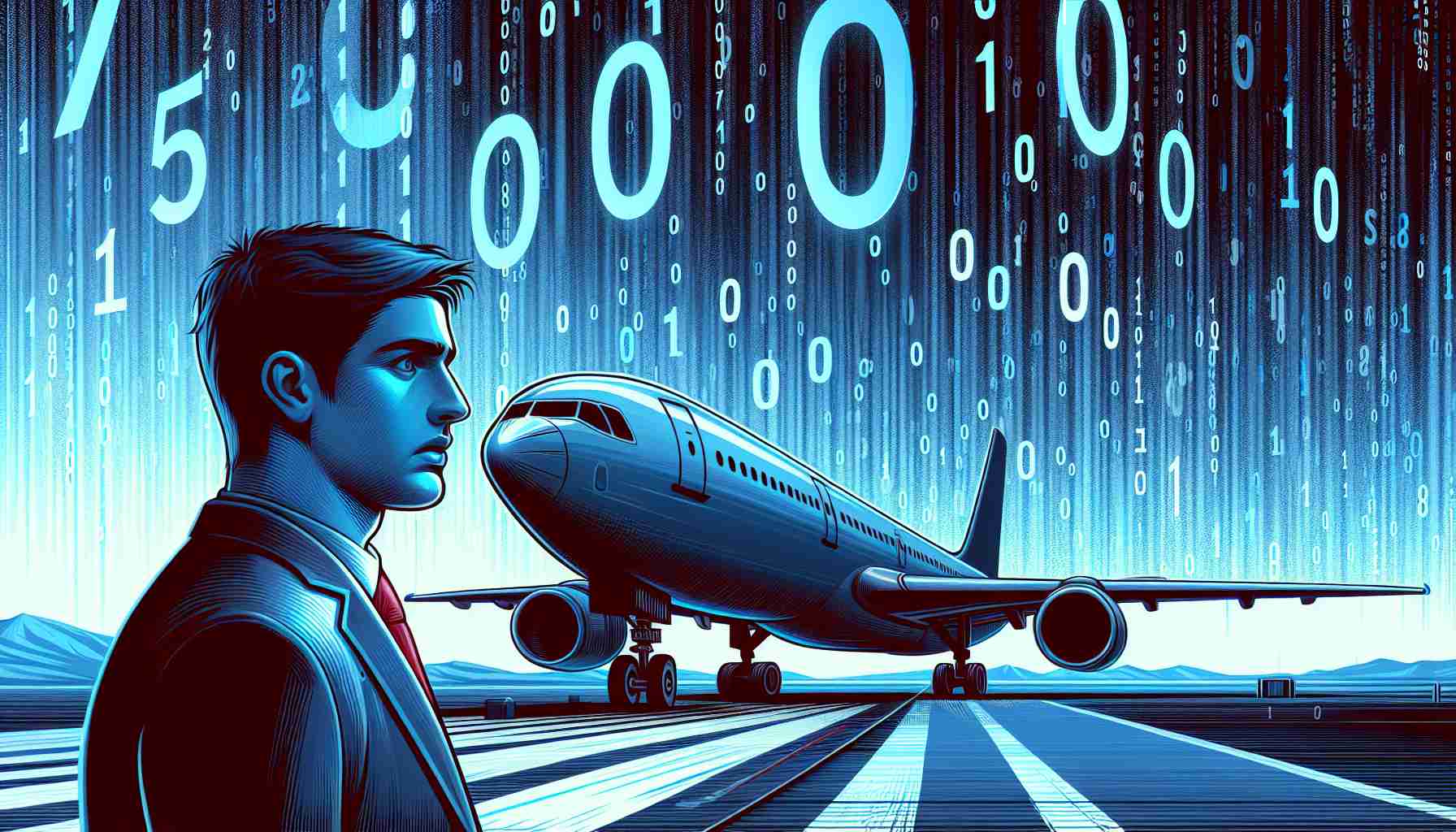 Illustration of a news headline featuring an abstract concept. A large airliner, symbolic of the airline company, appears grounded on a runway, shrouded in darkness to indicate trouble. On the background, digital zeros and ones representing software, are shown malfunctioning or getting disrupted, symbolizing a global software outage. This setback is further communicated by the expression of dismay on the face of an airport staff member, a Caucasian male, visible in the foreground. The image captures the essence of a problematic situation following the global software outage in high-definition.