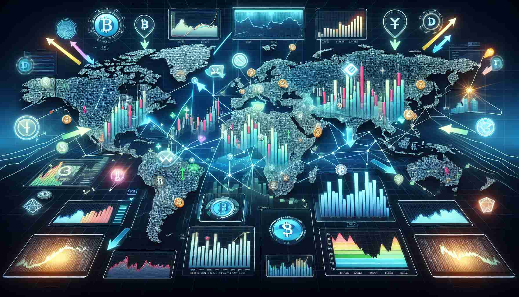 Create a high-definition, realistic representation illustrating the impact of global markets on cryptocurrency prices. Depict a world map with arrows depicting the flow of information and money. Showcase bar graphs and line charts, demonstrating the relationship between global financial events and fluctuations in cryptocurrency prices. Highlight major regions like North America, Europe, Asia, and Australia in different colors, each with corresponding digital screens showing crypto market trends. Also illustrate a variety of different cryptocurrencies such as Bitcoin, Ethereum, and Litecoin, to represent diversity.