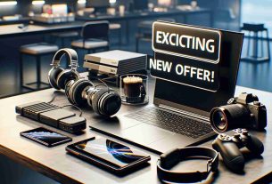 A high-definition, realistic photo depicting an enticing new offer for tech enthusiasts. In the scene, there should be a desk laid out with latest tech gadgets like a sleek, latest laptop, a pair of professional headphones, a high-end smartphone, a gaming console, and a DSLR camera. A banner, possibly digital, hangs above the desk stating 'Exciting New Offer!' The background could be a well-lit tech store or a minimalist, modern workspace to suggest a professional atmosphere. Please ensure the photo emits excitement and caters to individuals who are passionate about technology.