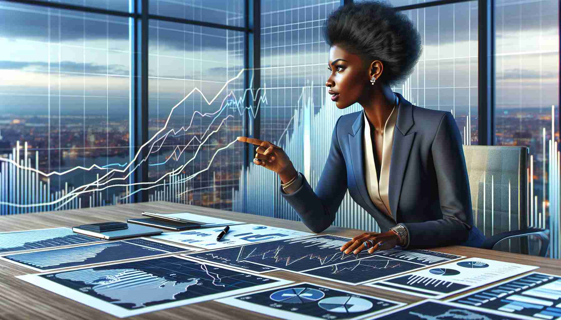 High-definition, realistic illustration of a globally renowned economist of Black descent who is a female. She's in a formal business attire, leaning over a table filled with various financial reports and graphs, engaging in an animated discussion about market trends. Her index finger points at a line graph showing an upward trend. She's in a modern, well-lit board room with a cityscape view from the window hinting at a high-rise building location. There are elements of technology present, such as a laptop and a digital pen, indicating a synthesis of traditional and modern economic analysis.