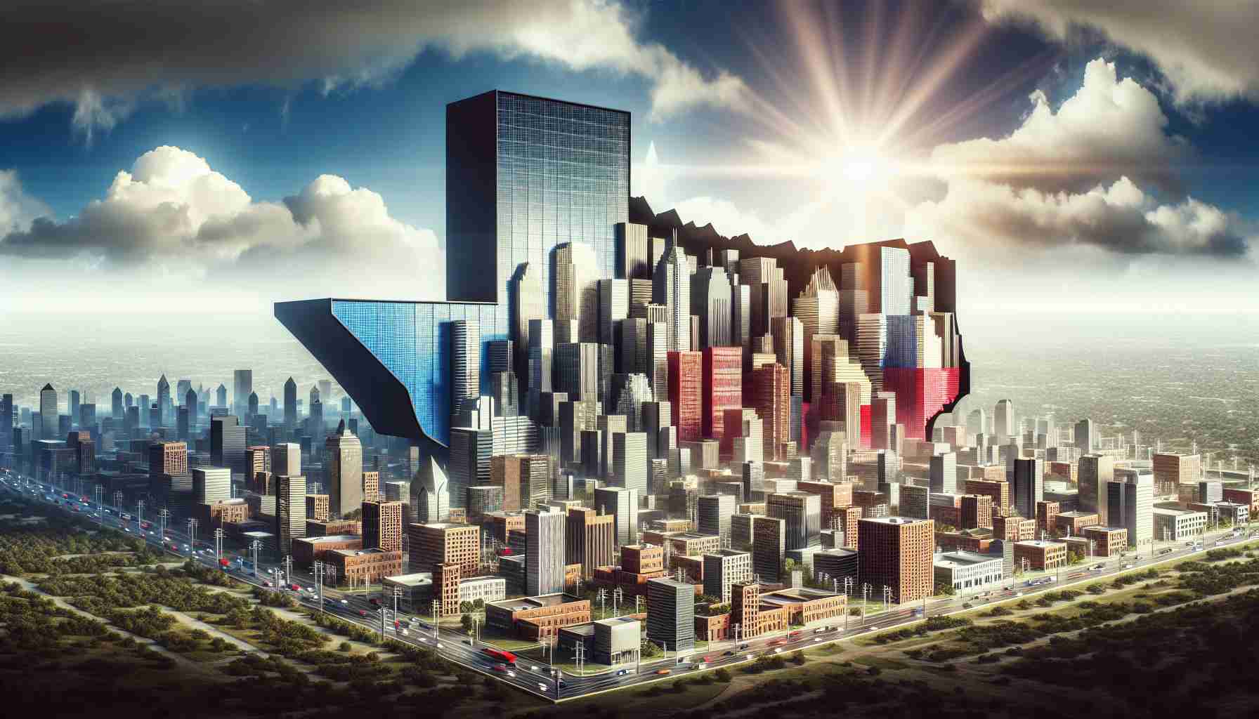 Generate a high-definition, realistic visual representation of a concept: Transformation in the corporate landscape. A sea of company buildings, representing different industries, is moving towards one large sign, shaped like Texas. The buildings are floating in the air yet arranged in a migratory pattern, heading towards Texas. Each building looks different – some are old brick buildings symbolizing traditional industries, others are sleek and modern skyscrapers, which symbolize tech companies. The sky is dynamic, with clouds swirling and a bright sun symbolizing new beginnings. This visual metaphor captures the essence of companies flocking to Texas.