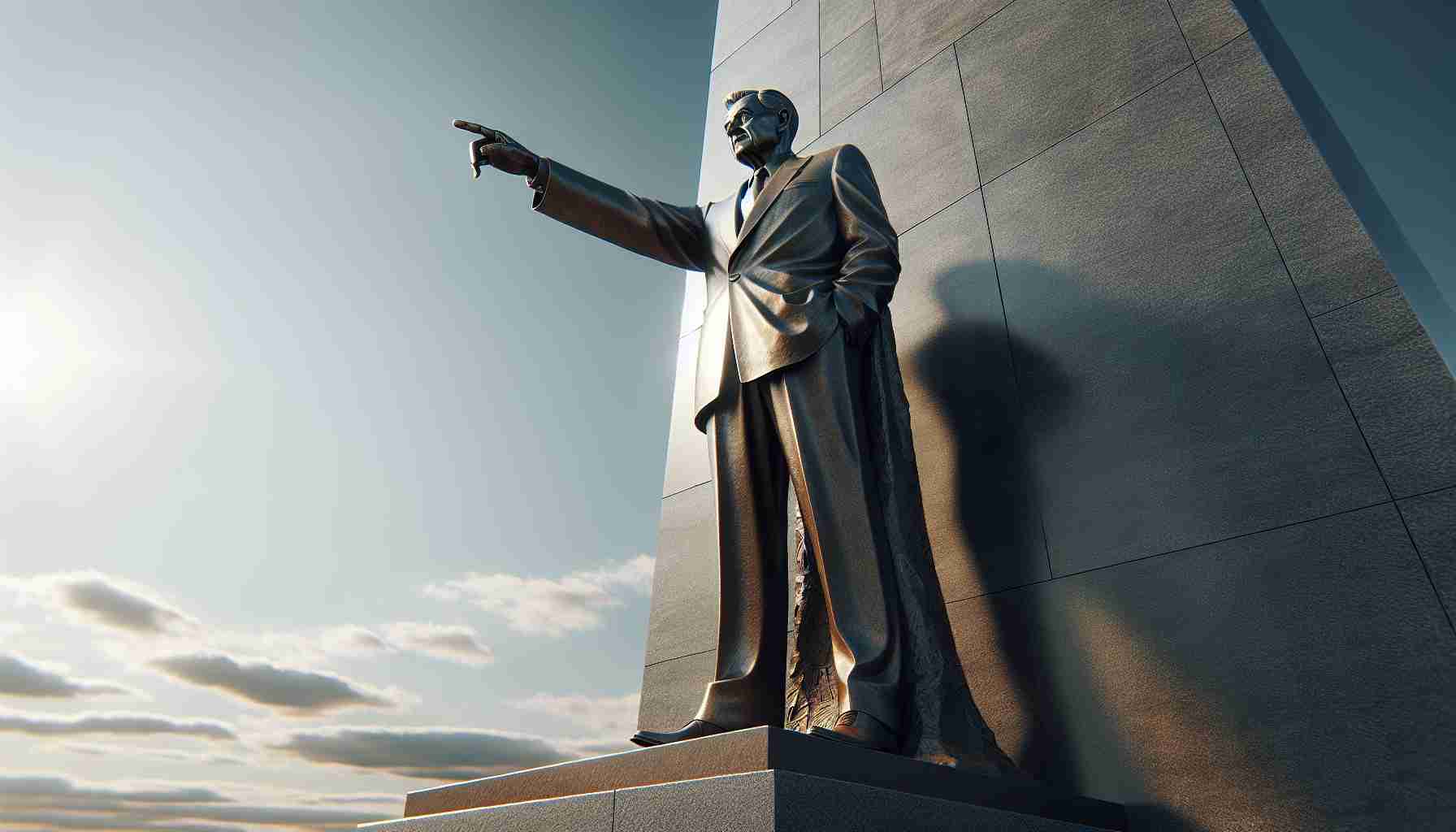 Perfectly crafted, hyperrealistic image of a monument commemorating an unnamed visionary leader. The monument showcases a figure standing authoritatively, pointing towards the future against a backdrop of a clear sky. The figure is adorned in formal clothing representative of leadership: a tailored suit and polished shoes. The detailing includes textured surface, reflective light, and high-contrast shadows suggesting a late afternoon sun. Emphasis should be placed on creating an HD image which excellently conveys the grandeur and respect due to such a leader.