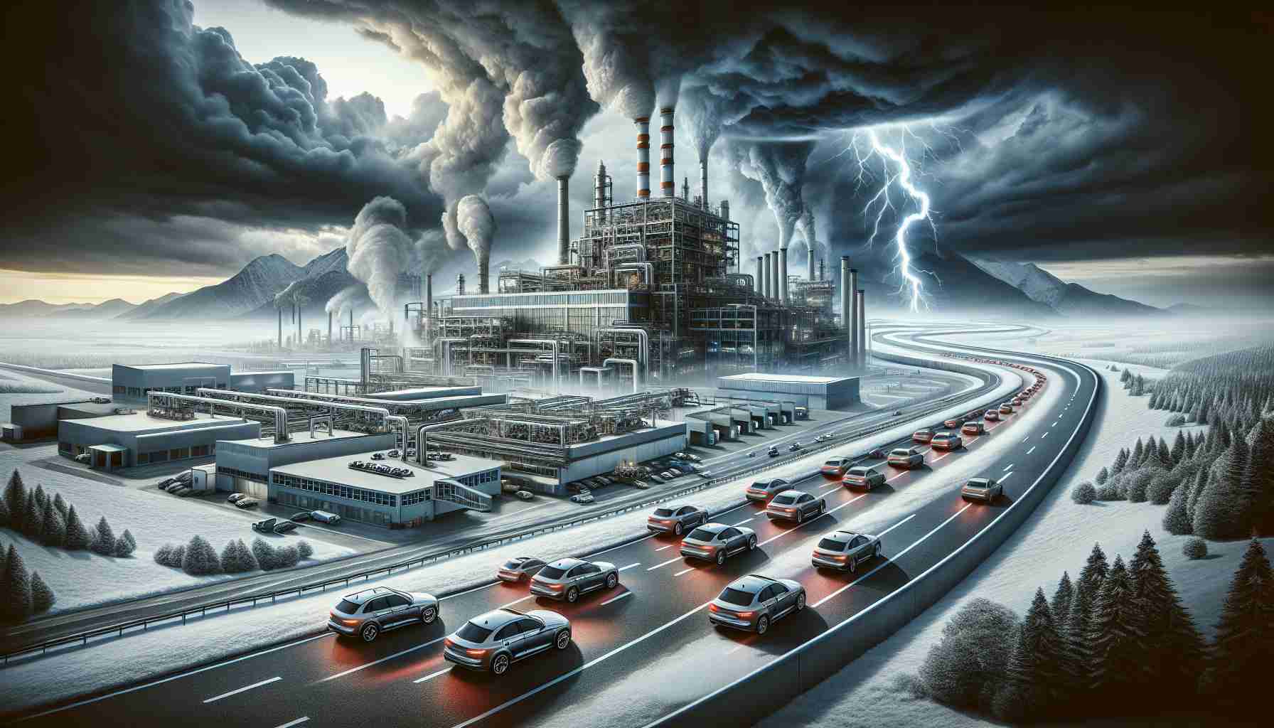 High-definition photo realistically portraying a metaphorical representation of challenges in the automobile industry, specifically alluding to a large, well-known German automaker. Imagine visual elements like a stormy sky overshadowing a factory illustrated with assembly lines of cars, symbolizing production hurdles. To depict transformation, show some of the cars transitioning from traditional gas-fueled models to futuristic electric ones, hinting at the movement towards green energy. Incorporate navigational themes to reflect the sense of a journey full of obstacles, such as a winding road disappearing into the stormy horizon.