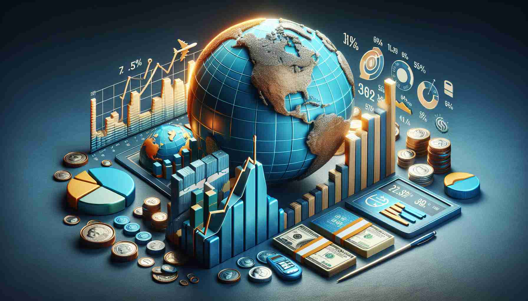 Realistic HD illustration of a tactile collection of elements representing the global economic outlook. The image might include a globe signifying the interconnected global economy, bar graphs depicting recent trends in finance and commerce, line graphs showing forecasts for various sectors, stacks of currency from different countries to signify economic wealth and diversity, and perhaps a ship or airplane to indicate international trade. All these elements should be tied together beautifully into an infographic demonstrating the recent developments and global trends in the economy.