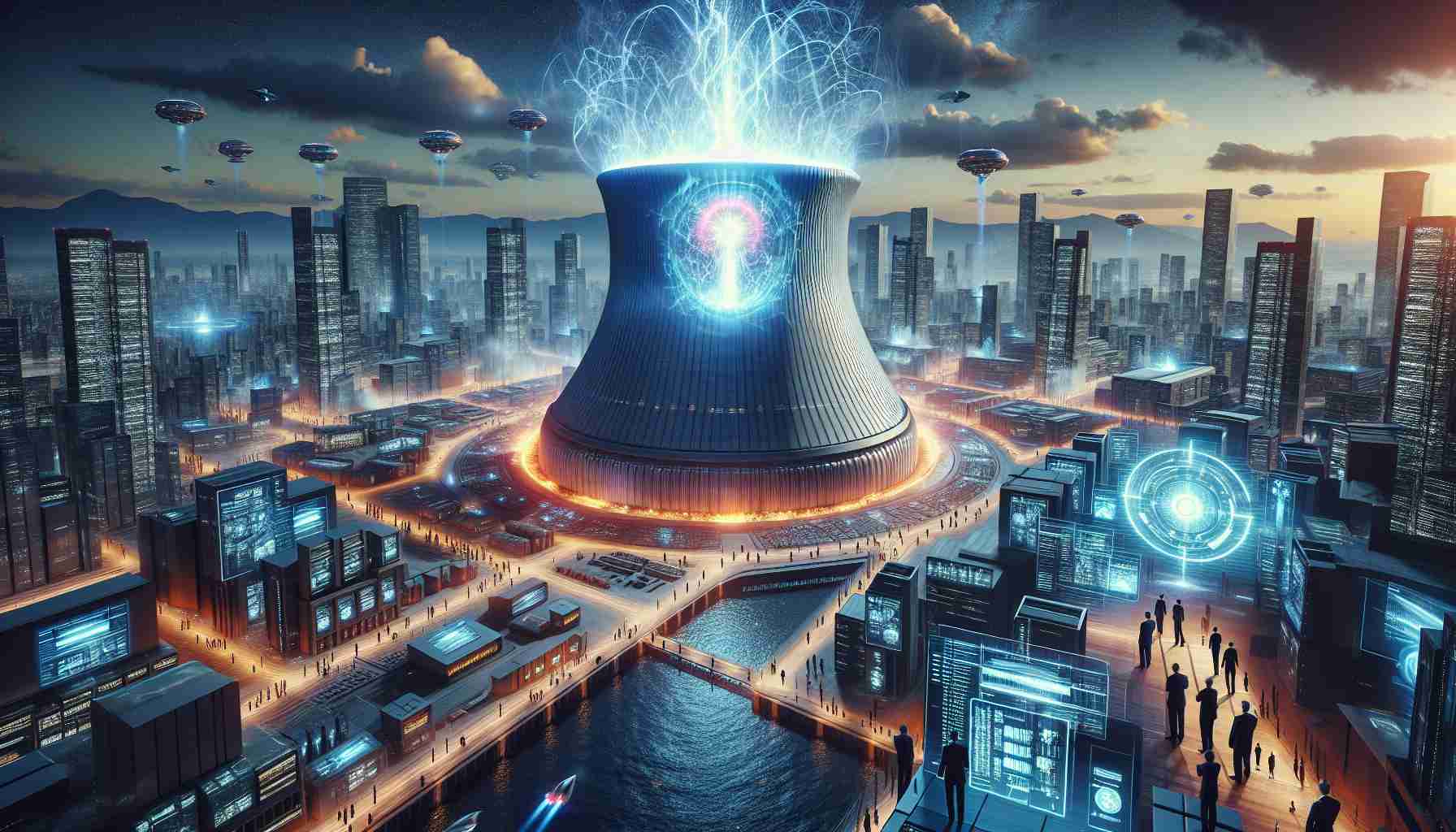 Create a high-definition, realism-oriented image that depicts the power of fusion energy and its role in transforming future technology. Show a dramatic scene of an energy plant harnessing extraordinary amounts of power from fusion, towering over a surrounding futuristic cityscape. The city is filled with high-tech buildings, flying cars and a diversified mix of business people in futuristic clothes looking in awe at the fusion plant. The night sky is brightened by the radiant light emanating from the fusion reactions taking place in the plant. Also, showcase a holographic projection displaying the remarkable energy data statistics.