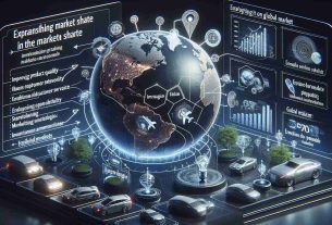 A high-resolution, realistic image showing a detailed visual representation of strategies for expanding market share in the electric vehicle industry. This may include charts and diagrams to illustrate points such as improving product quality, enhancing customer service, increasing marketing efforts, adopting emerging technologies, and investing in research and development. It may also feature a globe in the background symbolizing global market. However, no humans or specific companies should be visually represented.