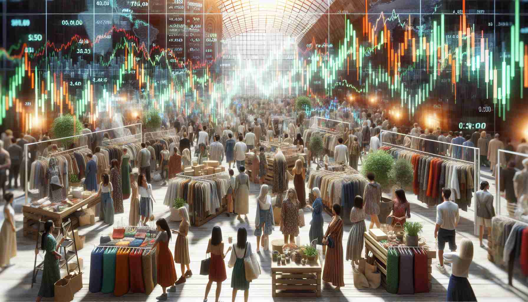 Create a high-definition, realistic representation of an increasing demand for sustainable fashion in the midst of economic uncertainty. Picture a bustling eco-conscious fashion market, with people of all genders and descent browsing and buying items made from organic, recycled, or renewable resources. The background reflects an atmosphere of economic instability, symbolized by stocks fluctuation graphics and news headlines about economic downturn. The crowd is diverse, vividly dressed in fashionable yet sustainable attire, affirming their commitment to environmental conservation even amidst financial volatility.