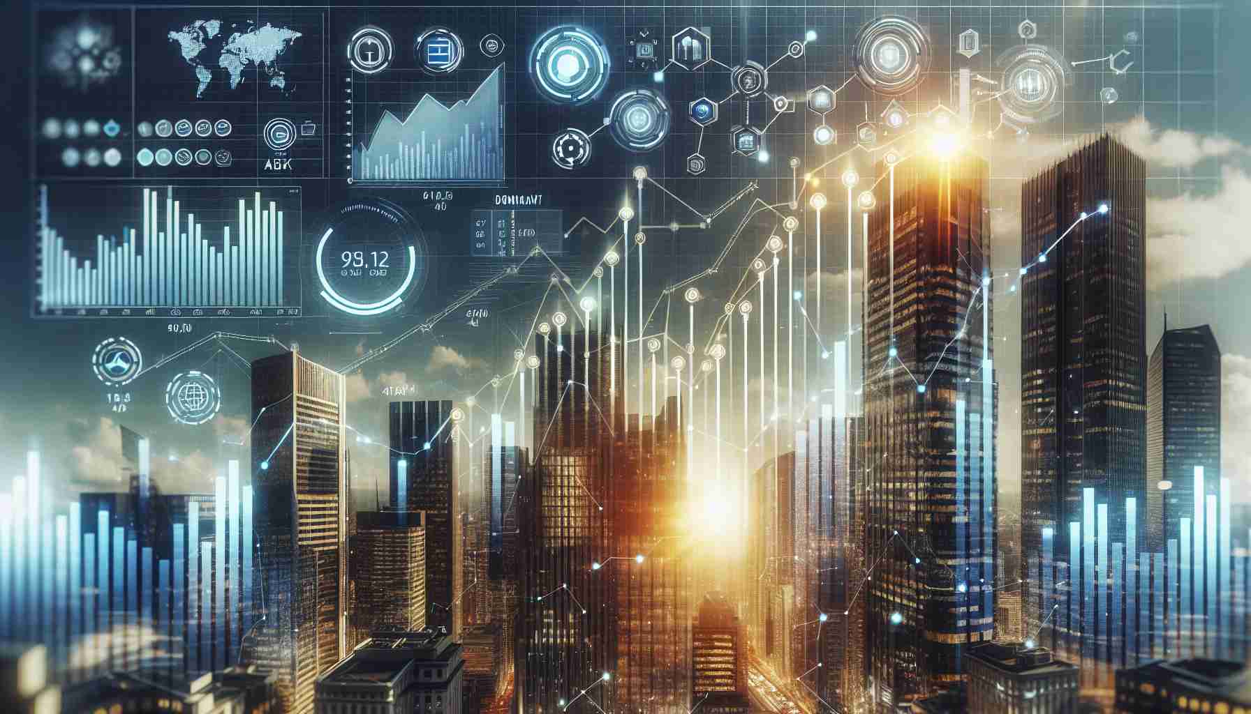 High-definition image representing the stock market rising with an emphasis on the technological sector. The visuals comprise of ascending graphs and charts denoting the success of the tech industry, while the background portrays high-rise buildings symbolizing robust and thriving business districts. Major sections of the image showing speech bubbles or captions emphasize the dominant storyline of the market's progress. Small digital elements representing technological advances like AI, Cloud Computing, and IoT should also be subtly scattered about the scene to reflect the thriving tech sector. Note: The image has a realistic style to it.