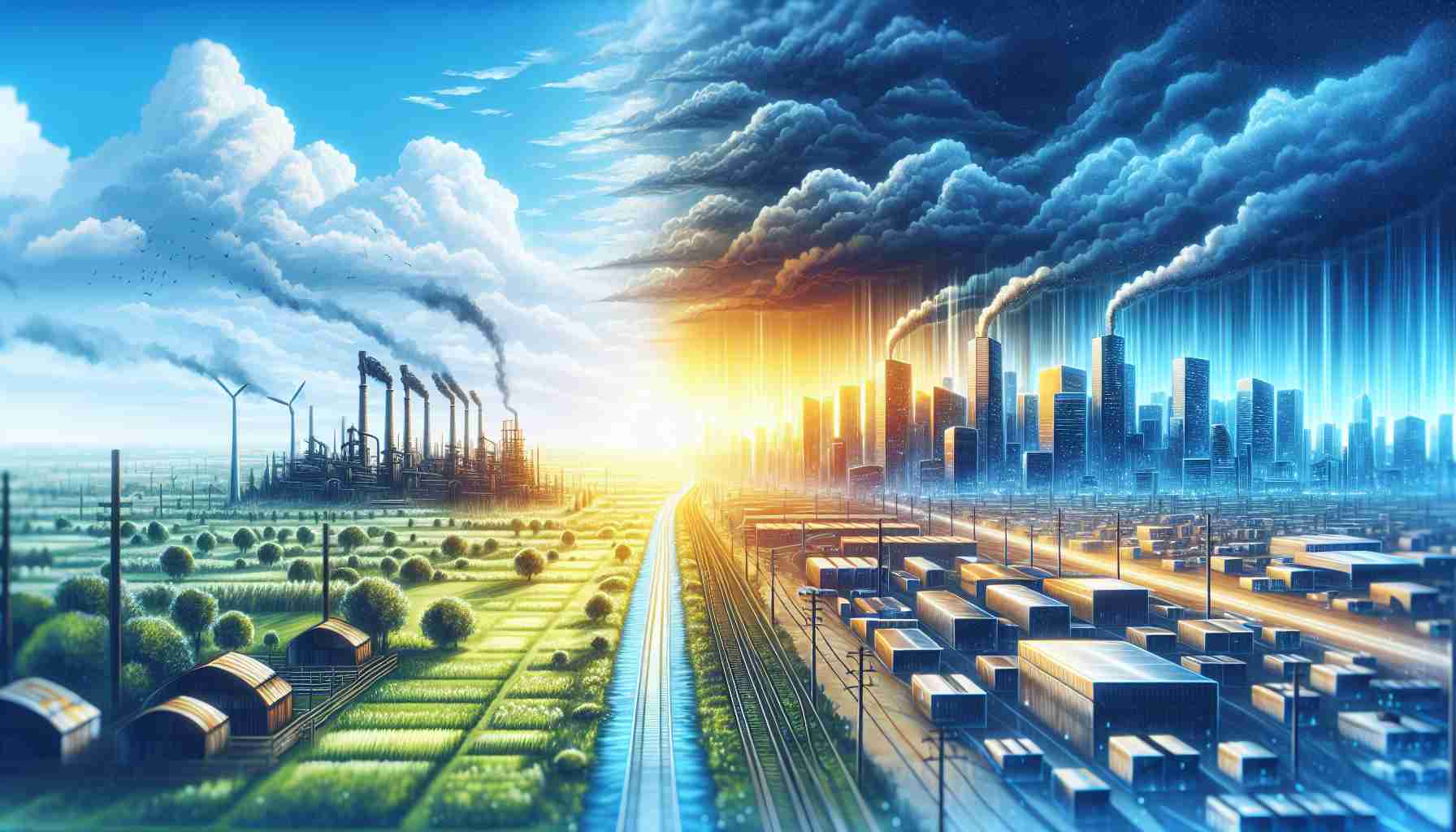 Generate a realistic, high-definition image that metaphorically represents a shift in perspective in the labor market. The landscape might include different industries represented as structures or objects. For instance, show traditional industries like manufacturing as outdated factories, while growing industries such as technology could be modern skyscrapers. The 'shift in perspective' could be visualized as changing weather from one side to the other, going from a stormy or cloudy scene (representing challenging conditions) towards a bright, sunny one (showing the hopeful future).