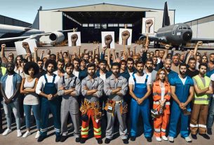 High-definition realistic image of a group of aerospace workers, representing various descents like Caucasian, Hispanic, Black, Middle-Eastern, South Asian, and White, and genders, standing together showing signs of unity. They are in front of a large aircraft manufacturing plant, holding signs signifying their rejection of a recent contract offer and their decision to go on strike. Emotions of determination and solidarity are evident on their faces. They are dressed in their work clothes, complete with safety helmets and tools.