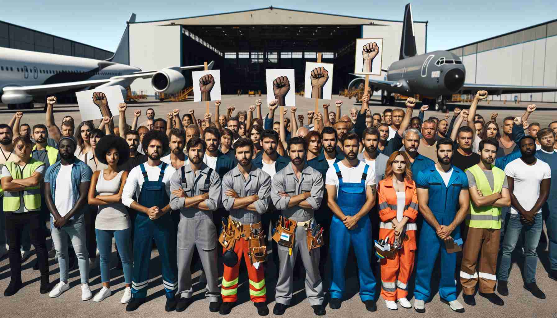 High-definition realistic image of a group of aerospace workers, representing various descents like Caucasian, Hispanic, Black, Middle-Eastern, South Asian, and White, and genders, standing together showing signs of unity. They are in front of a large aircraft manufacturing plant, holding signs signifying their rejection of a recent contract offer and their decision to go on strike. Emotions of determination and solidarity are evident on their faces. They are dressed in their work clothes, complete with safety helmets and tools.