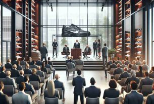 A high-definition, realistic photograph showcasing a corporate environment where a new leader is appointed as the Chief Executive Officer of a major footwear and apparel company following the departure of the previous executive. The scene conveys a sense of significant transition, with a mixed crowd of professionals of varying descents and genders observing the change in leadership.