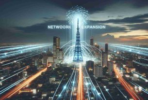 A high-resolution image portraying the concept of a large telecommunications company, symbolized by a tall tower standing out in a cityscape, acquiring a local internet provider, which is represented as a smaller building. The city is bustling with energy as rays of light symbolize the network connectivity being expanded in the area. The words 'Network Expansion' hover over the scene, to emphasize the idea.