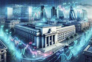 Render an HD realistic illustration of the exterior of the Central Bank in the UK, overlooking a buzzing financial district. Capture the imposing architecture and symbol of economic authority, with digital displays showcasing currency exchange rates scattered in the foreground. Incorporate elements symbolizing global market volatility, such as a stock market graph with fluctuating lines hovering in the sky. Please do not include any specific individuals or identifiable employees.