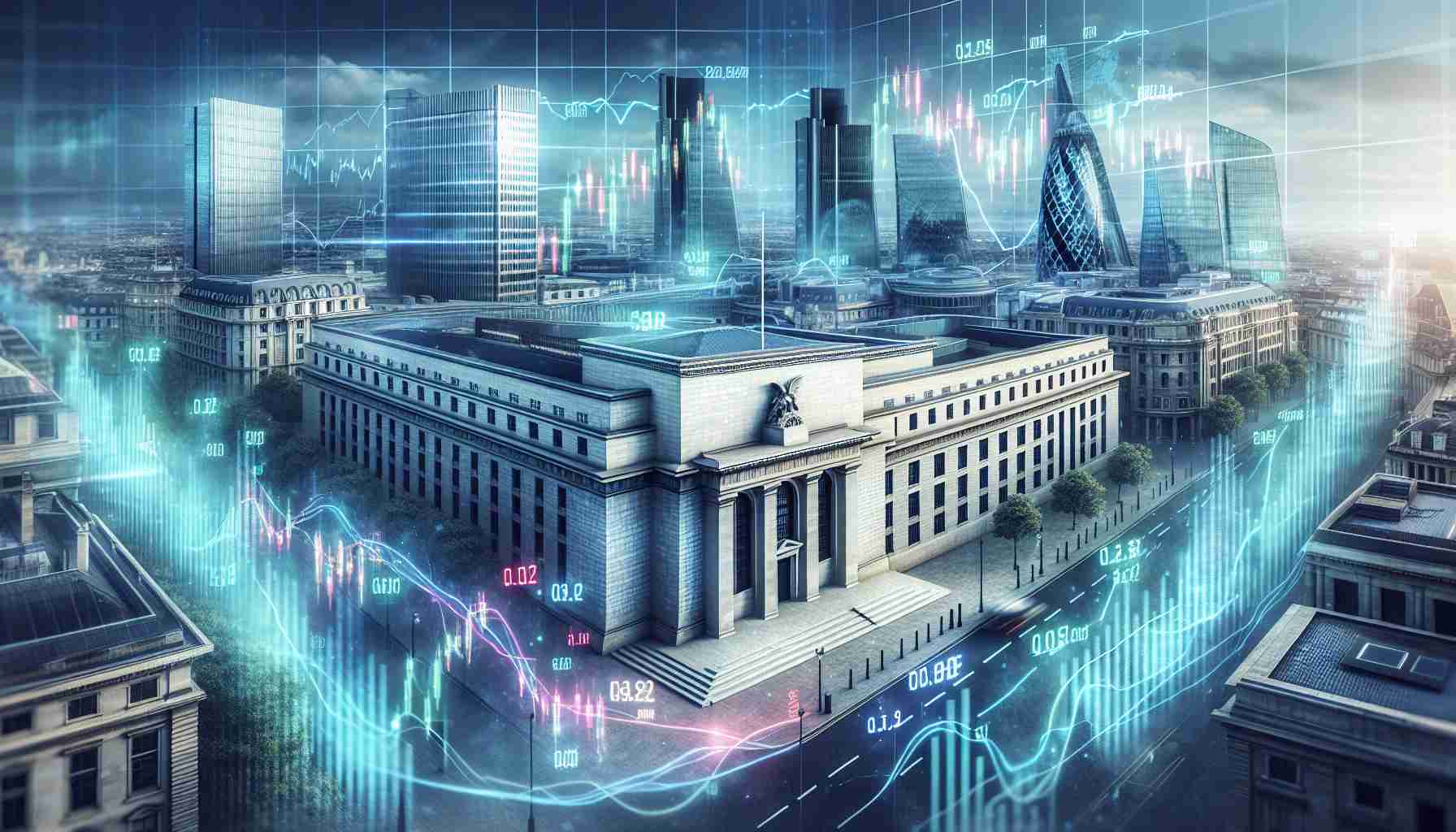 Render an HD realistic illustration of the exterior of the Central Bank in the UK, overlooking a buzzing financial district. Capture the imposing architecture and symbol of economic authority, with digital displays showcasing currency exchange rates scattered in the foreground. Incorporate elements symbolizing global market volatility, such as a stock market graph with fluctuating lines hovering in the sky. Please do not include any specific individuals or identifiable employees.