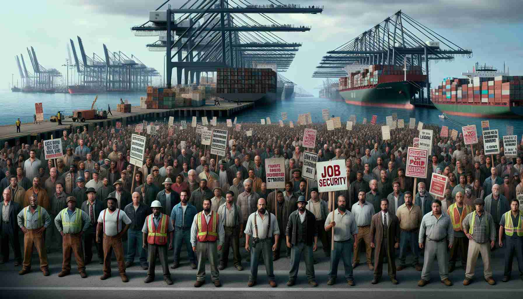 A hyper-realistic, high-definition depiction of an ongoing longshoremen strike, presenting a diverse group of individuals fighting for job security. The foreground presents a number of longshoremen of varying ethnicities such as Caucasian, Black, Hispanic, South Asian, Middle-Eastern, and others. Some are carrying placards and banners demanding job security. The backdrop captures the harborside at daytime with looming tall cranes and stacked containers. The overall image should persist a sense of unity, determination, and hardships amidst the maritime setting.