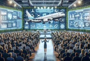 High-definition image depicting the scene at a significant sustainability initiative announcement event by a major aircraft manufacturing company. The setting is a large, open auditorium filled with diverse, attentively listening people. Key elements to include are: a prominently displayed, eco-friendly aircraft model, multiple giant design planning boards demonstrating sustainable principles in aircraft manufacture, bright LED screens showing presentations about technological breakthroughs in sustainable aviation, and a podium with a Caucasian, female aeronautical engineer gesturing passionately about the initiative.