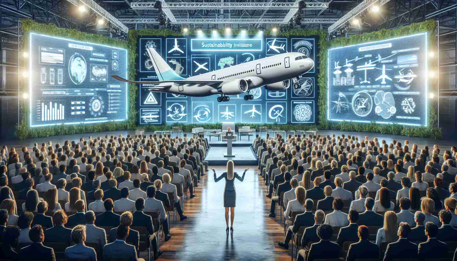 High-definition image depicting the scene at a significant sustainability initiative announcement event by a major aircraft manufacturing company. The setting is a large, open auditorium filled with diverse, attentively listening people. Key elements to include are: a prominently displayed, eco-friendly aircraft model, multiple giant design planning boards demonstrating sustainable principles in aircraft manufacture, bright LED screens showing presentations about technological breakthroughs in sustainable aviation, and a podium with a Caucasian, female aeronautical engineer gesturing passionately about the initiative.