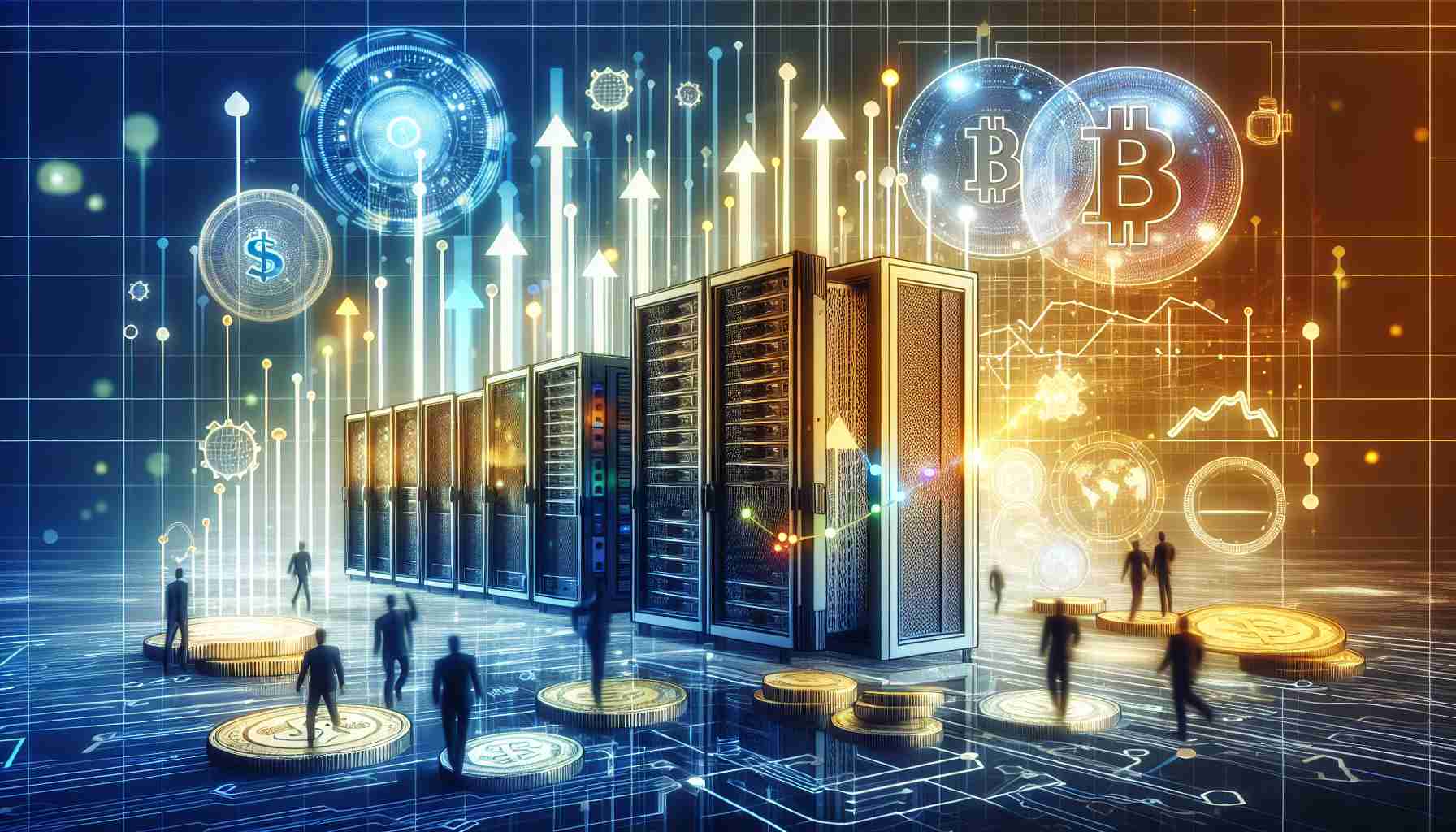 A high-definition, detailed illustration of the abstract concept of large technology companies driving the charge in terms of earnings. Include elements representative of technology such as computer servers, digital graphs demonstrating growth and digital currency. The scene should convey progress, innovation and economic success.