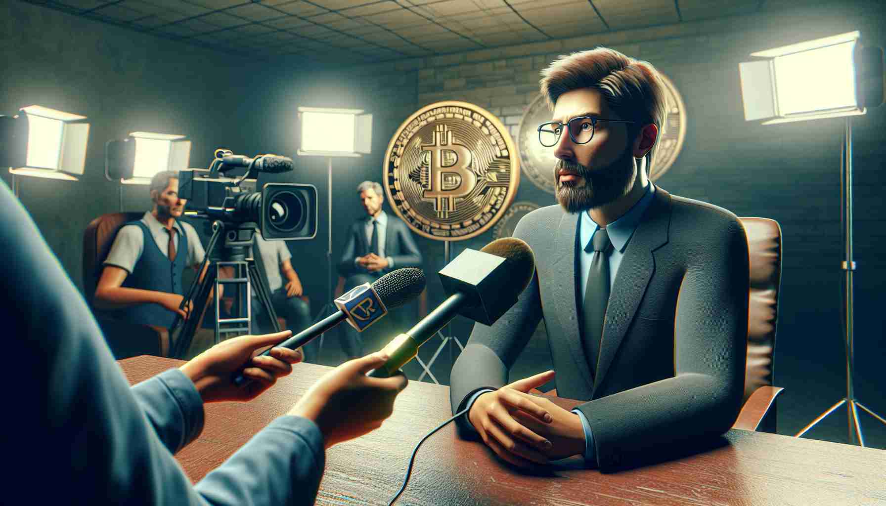 Photorealistic high definition image of a conceptual artwork inspired by the theme of revelation and denial in a docudrama. The scene portrays a character refuting claims of being the creator of a popular cryptocurrency during an interview for a documentary on an acclaimed television network.